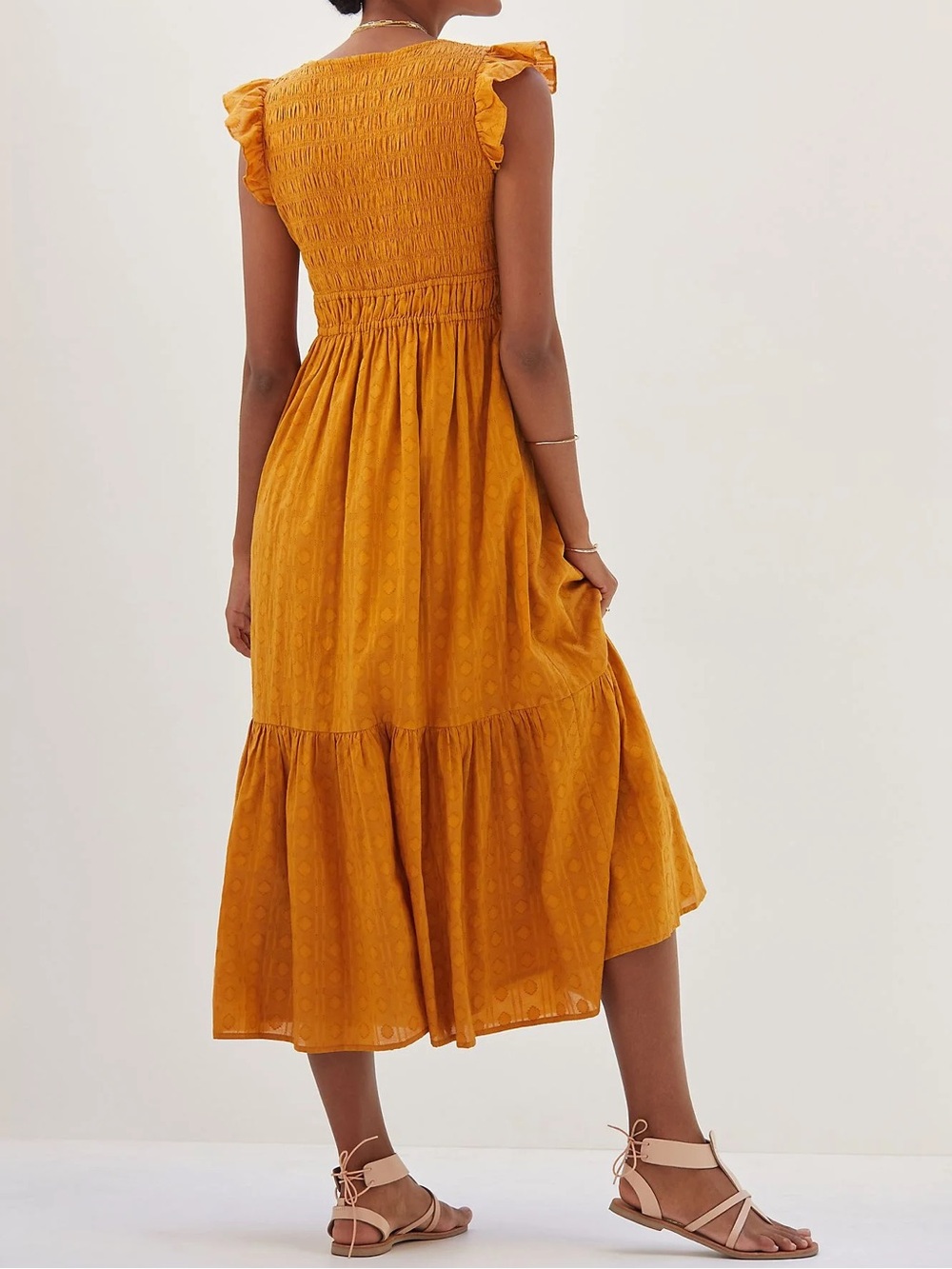 Anthropologie Peregrine Smocked Ruffle Midi Dress Size Medium Pockets - Picture 3 of 12